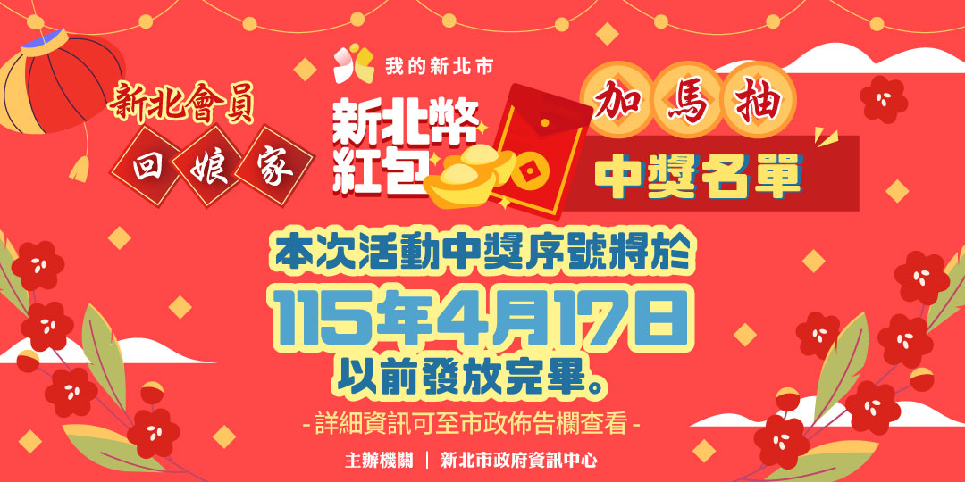 「新北會員回娘家 新北幣紅包加馬抽」中獎名單